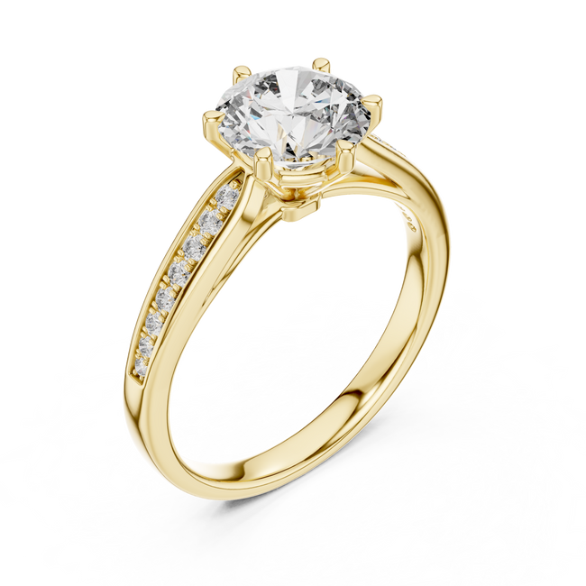 The Verona 1.50 Ct. T.W. Round Brilliant Cut 6-Prong Diamond Ring with Pavé Band in 14K Gold — Certified — Handcrafted Main Image