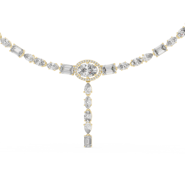 The Cordelia — 5.00 Ctw. Multi-Shape Mixed-Cut Diamond Y-Drop Necklace in 14K Gold
Certified Brilliance — Handcrafted Mosaic Cascade Statement Eternity Line