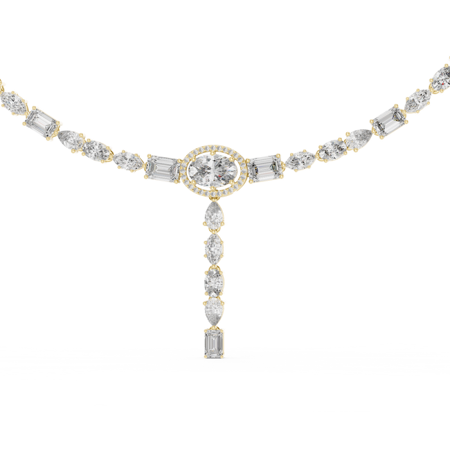 The Cordelia — 5.00 Ctw. Multi-Shape Mixed-Cut Diamond Y-Drop Necklace in 14K Gold
Certified Brilliance — Handcrafted Mosaic Cascade Statement Eternity Line Hover Image